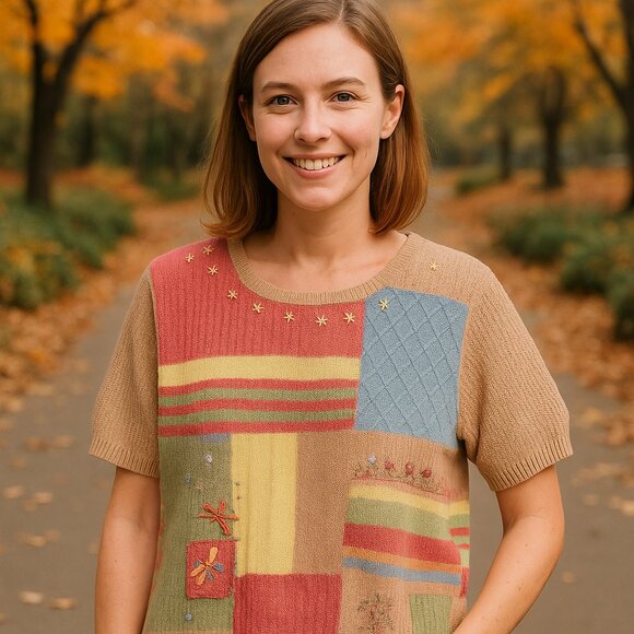 Koret Sweaters - Koret Vintage Patchwork Knit Blouse – Cottagecore Grandmacore Top – Pink & Cream